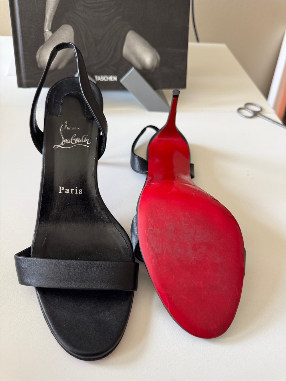 Christian Louboutin O Marilyn Black Leather Slingback Sandals “red bottoms”